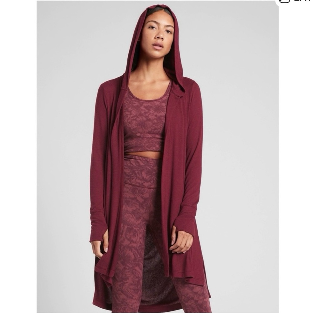 Athleta Harmony Wrap Hooded Open-Front Cardigan in Wine